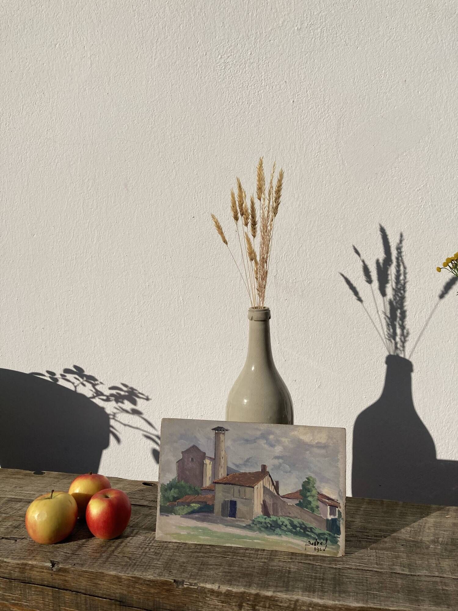 Oil on vintage wood panel / painting representing a village in the Landes