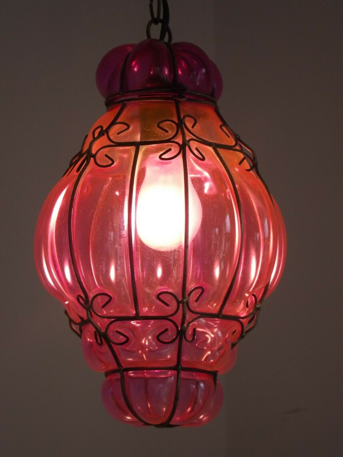 Beautiful Shaded Deep Pink  Murano Blown Glass Wrought Iron Ceiling Light