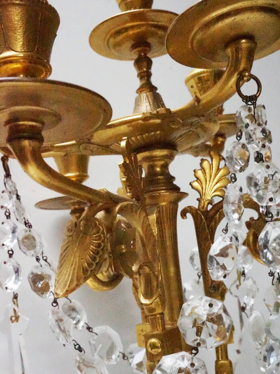 French Empire Neoclassical 7-Light Candelabra in Gilt Bronze and Crystal
