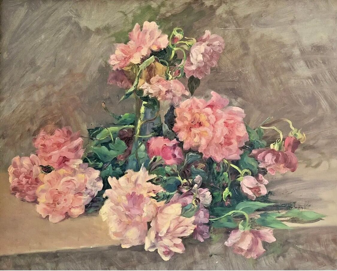 François Félix Roubaud Still life oil on wooden panel bouquet roses peonies XIX