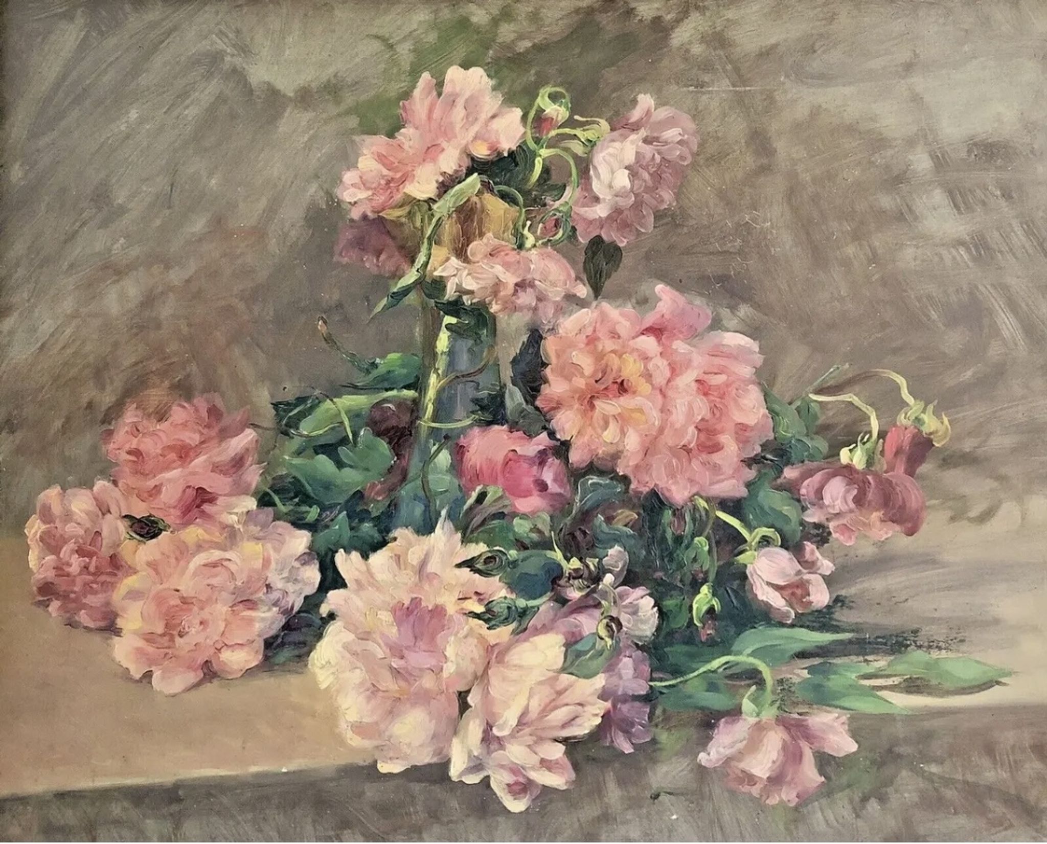 François Félix Roubaud Still life oil on wooden panel bouquet roses peonies XIX