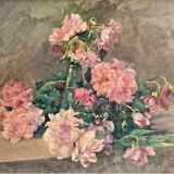 François Félix Roubaud Still life oil on wooden panel bouquet roses peonies XIX