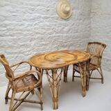 Audoux Minet duo table with bamboo rattan and smoked glass armchairs