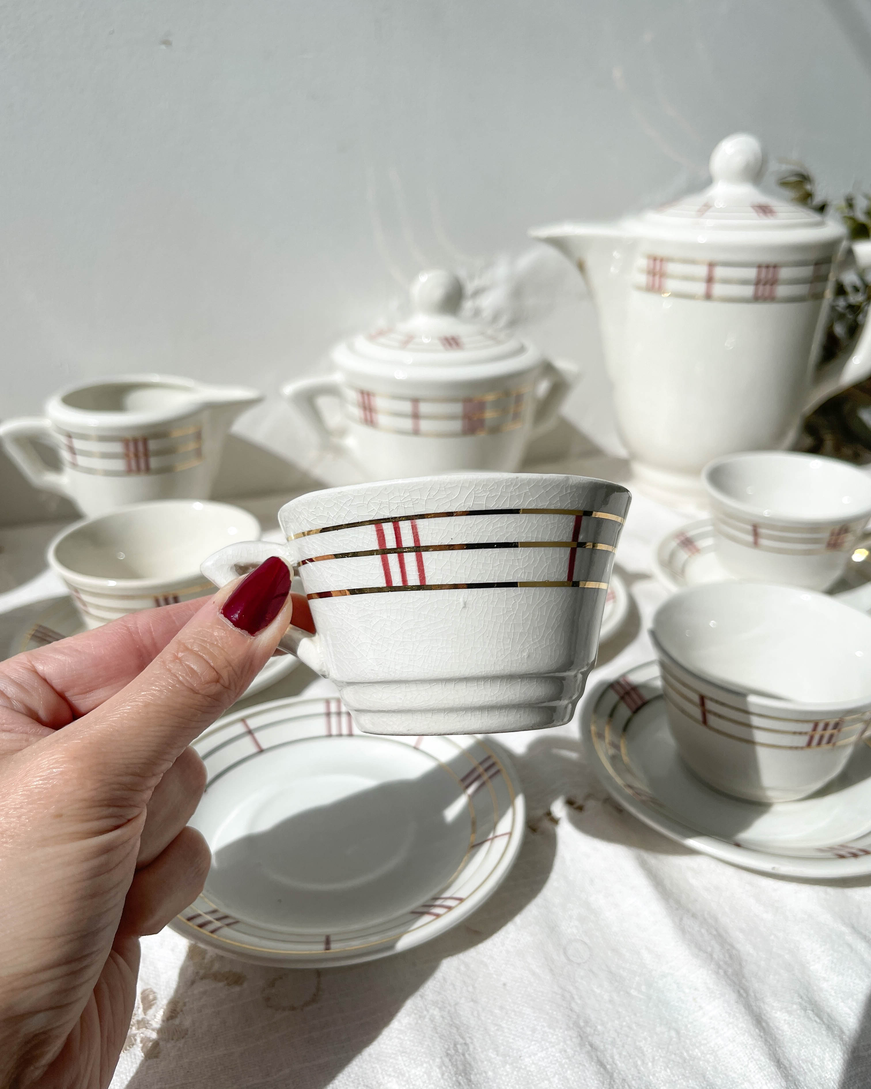 Vintage tea set in white porcelain with stripes, Moulin des Loups orcerame model "Richelieu"