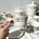 Vintage tea set in white porcelain with stripes, Moulin des Loups orcerame model "Richelieu"