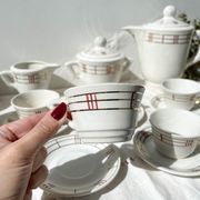 Vintage tea set in white porcelain with stripes, Moulin des Loups orcerame model "Richelieu"