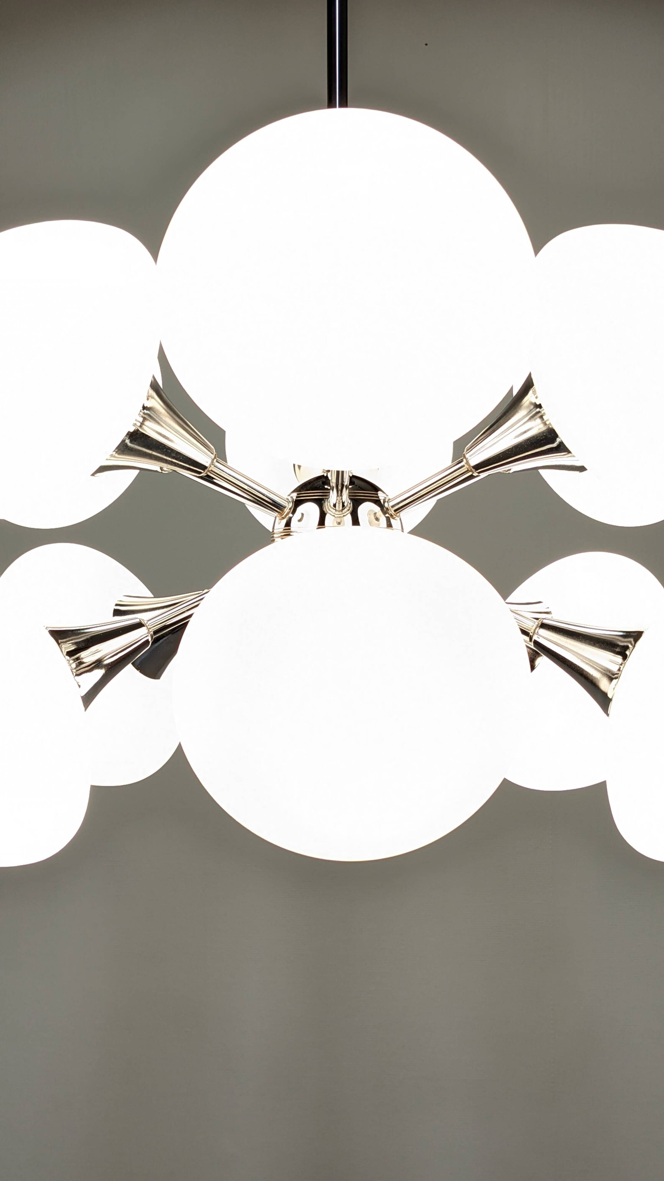 Sputnik chandelier with 12 frosted glass lights, Italy circa 1970.