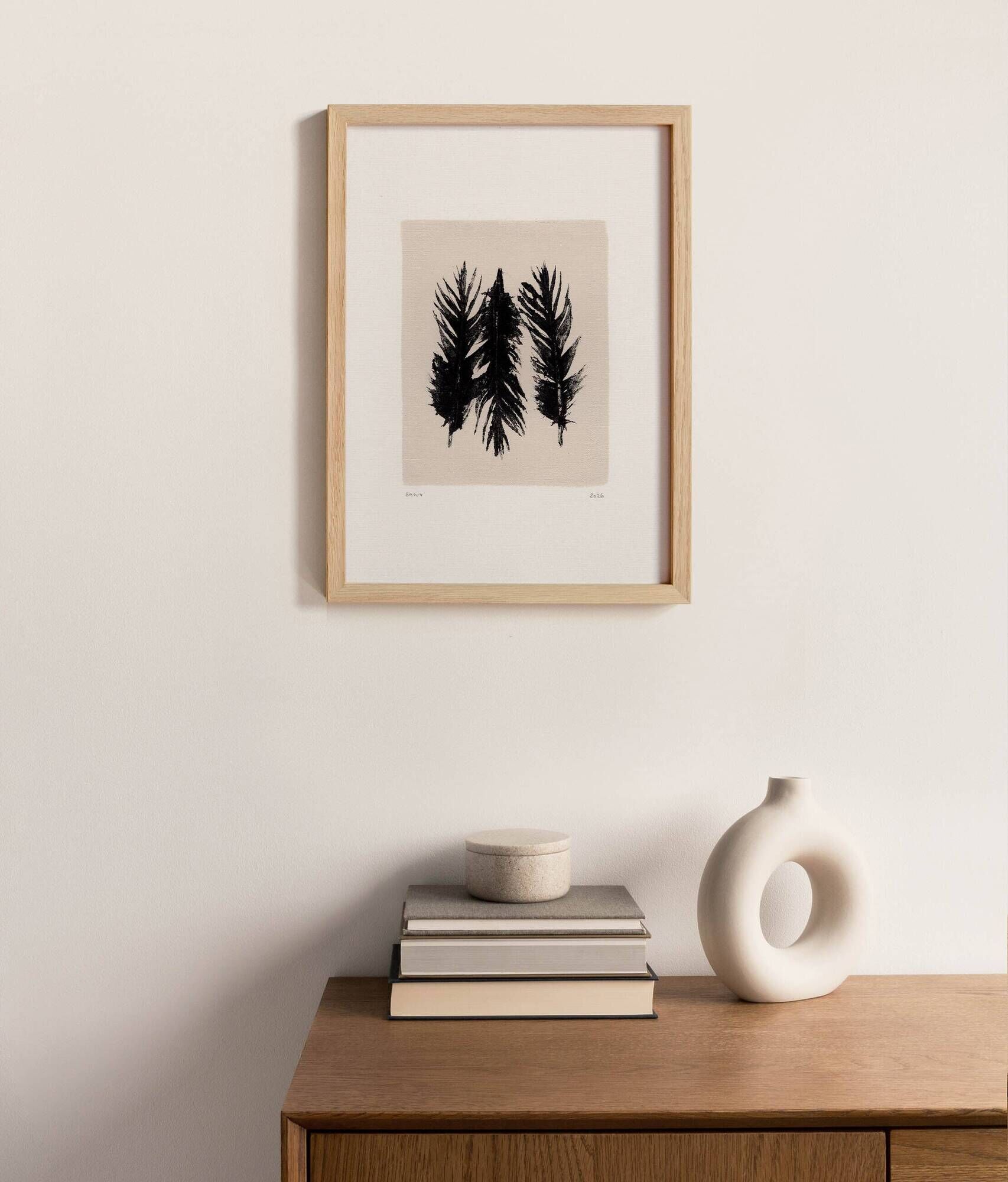 Contemporary painting on paper - black feathers - signed Eawy