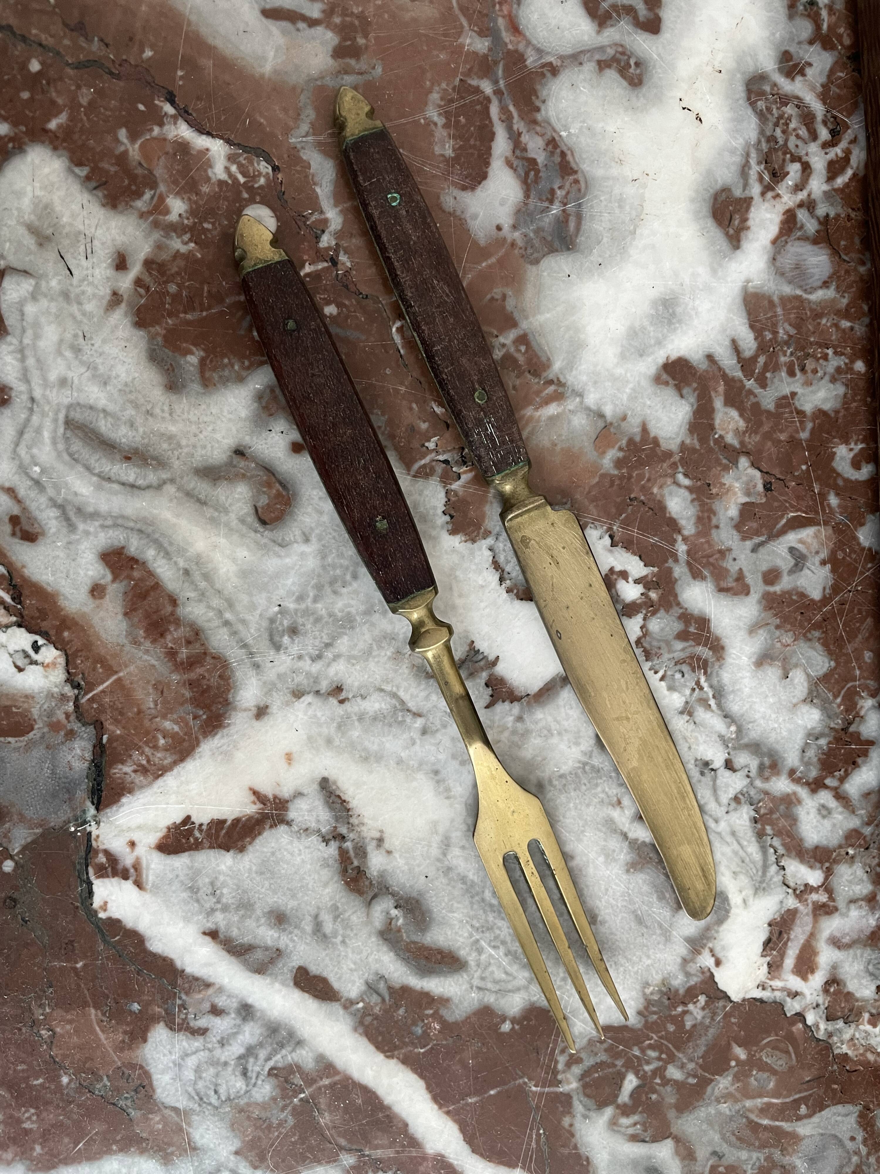 Antique dessert service 12 knives & 12 forks in brass and wood