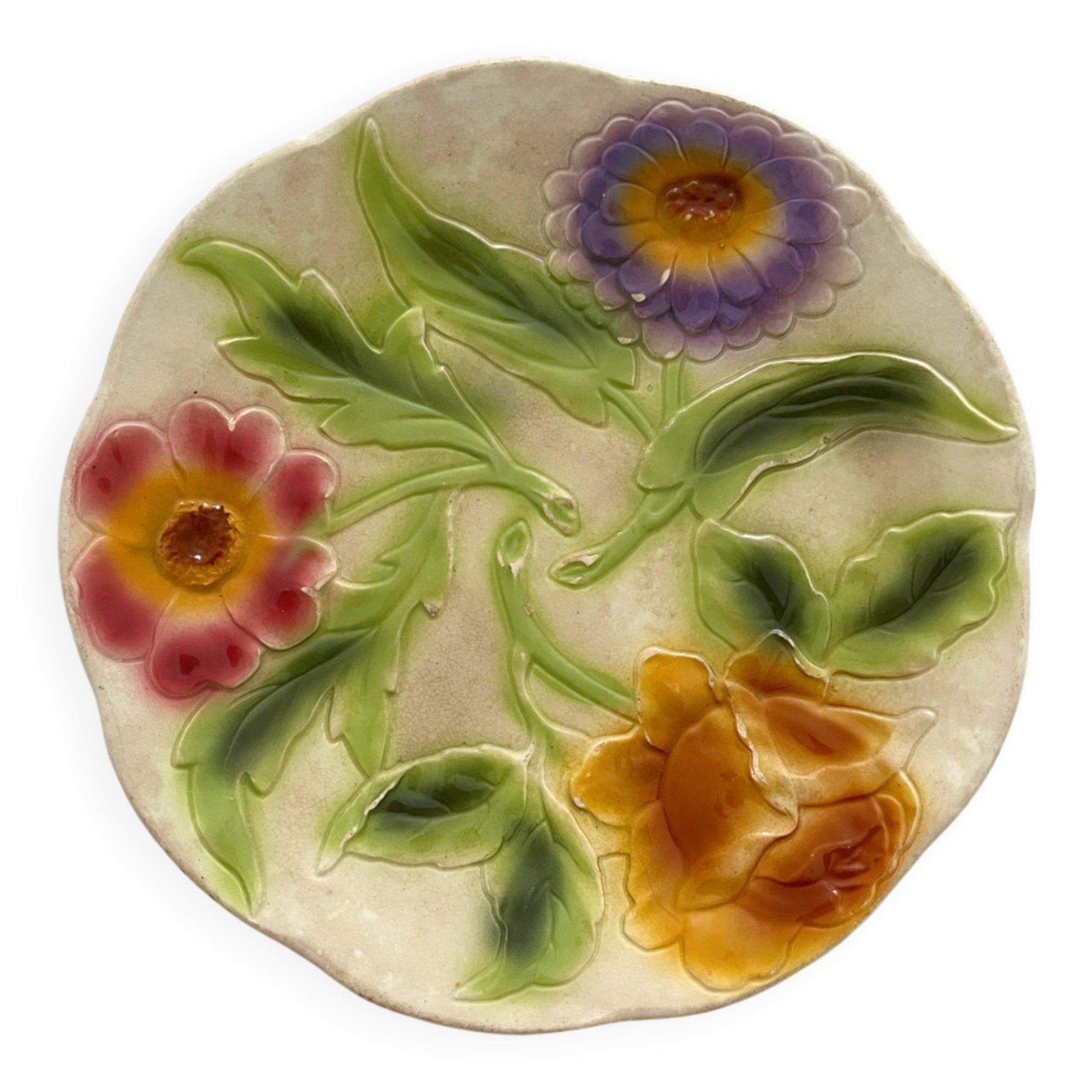 Antique slipware plate with 3 flowers