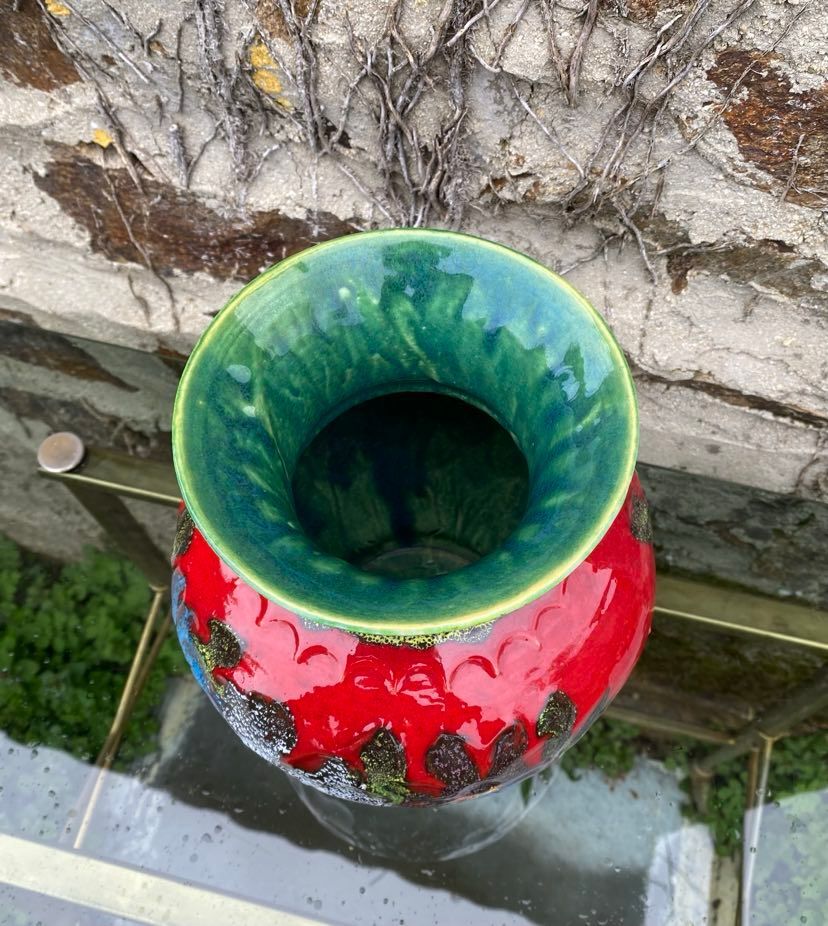 Vintage red vase germany year 70 fat lava floral decoration 70s