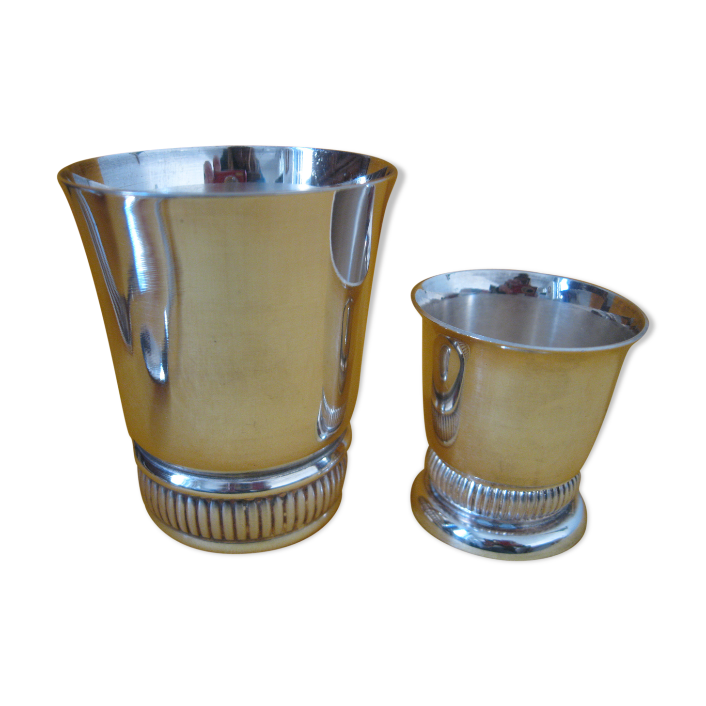 Duo of small silver metal timpani