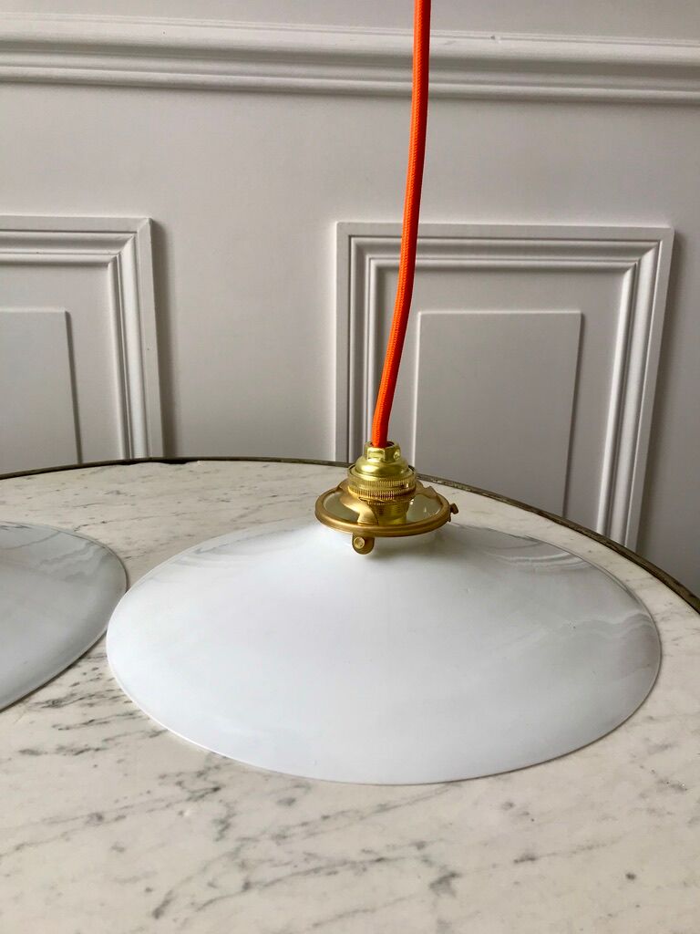 Hanging lamp in opaline smooth orange thread early twentieth century