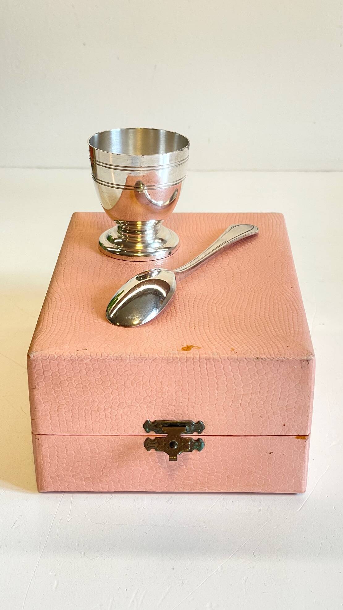 Vintage Silver-Plated Metal Egg Cup and Spoon for Birth