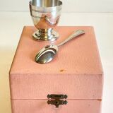 Vintage Silver-Plated Metal Egg Cup and Spoon for Birth