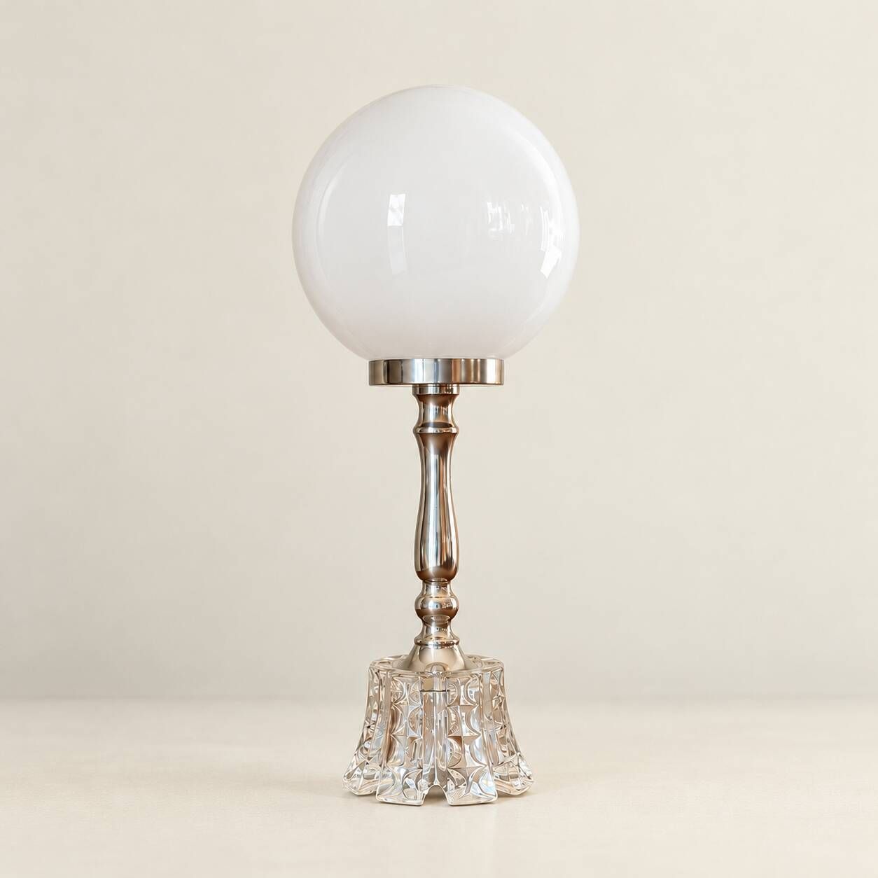 Moon — Table lamp in white opaline, sculpted glass and silvered metal.