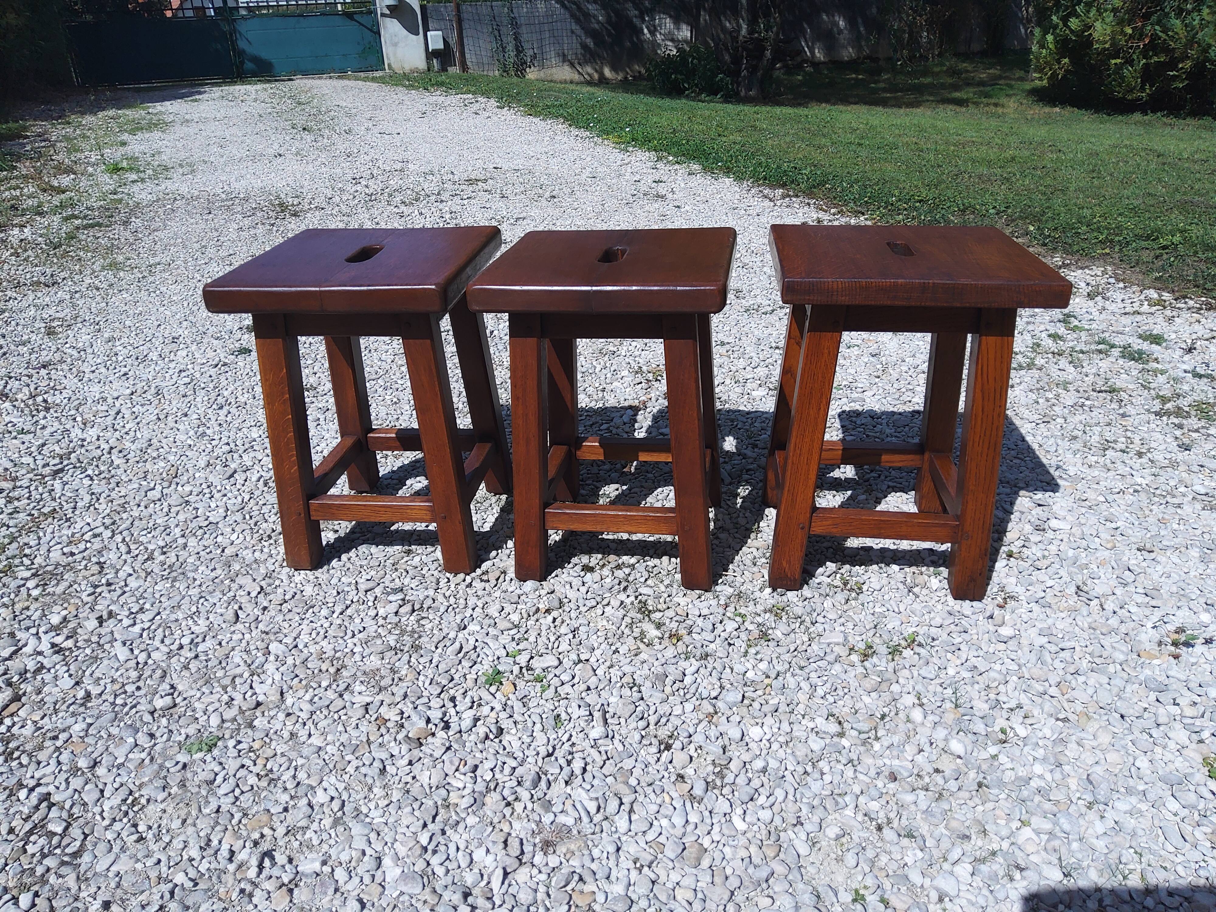 3 solid oak stools, 1980s
