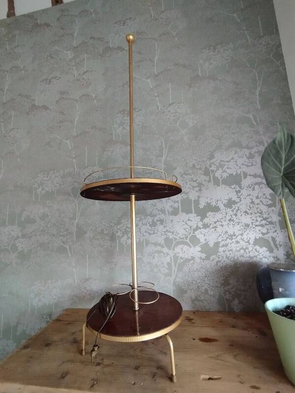 Lampadaire vintage Années 70 – Range-bouteilles & repose-verres en bois