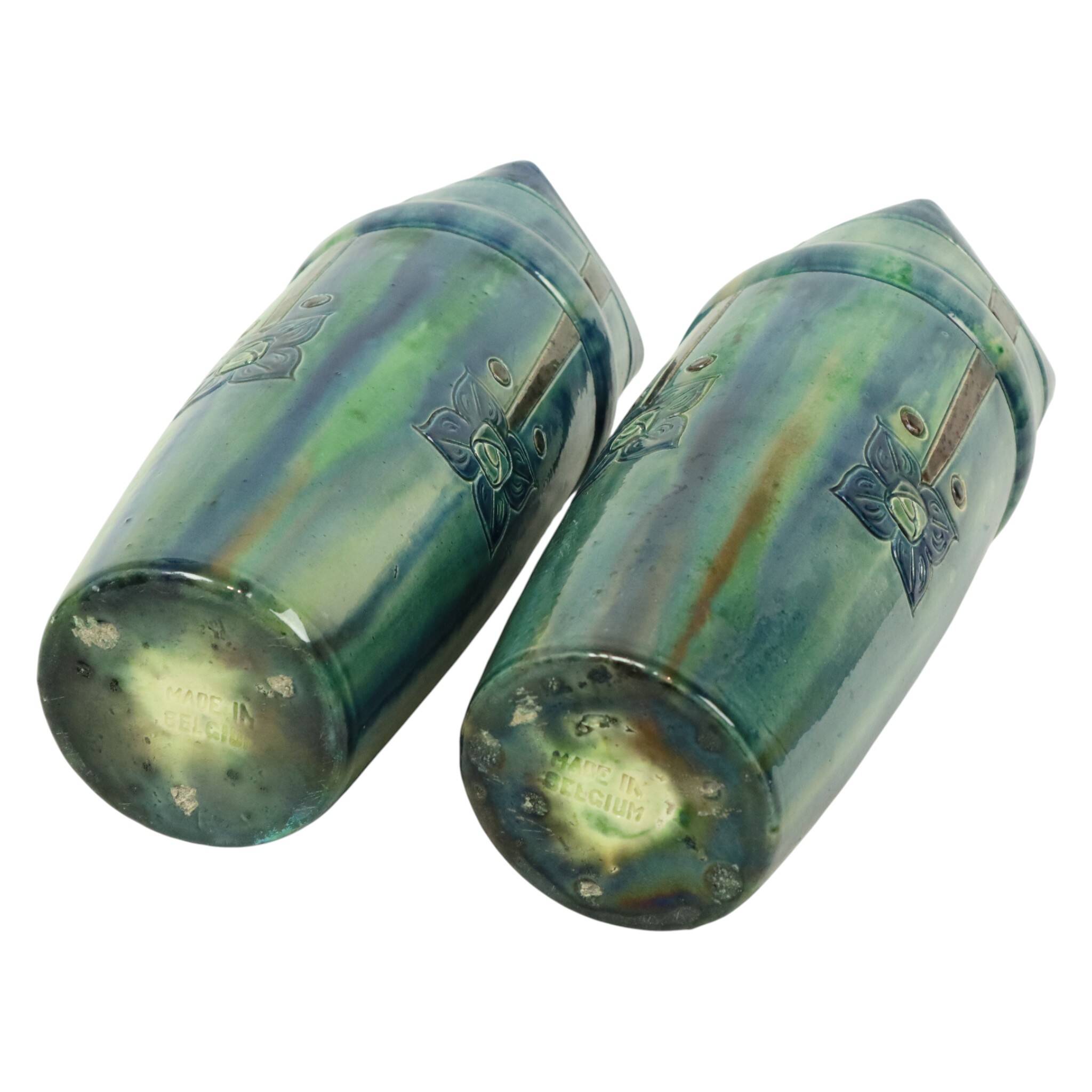 Pair of Blue Art Nouveau Vases Flemish Pottery Antiques