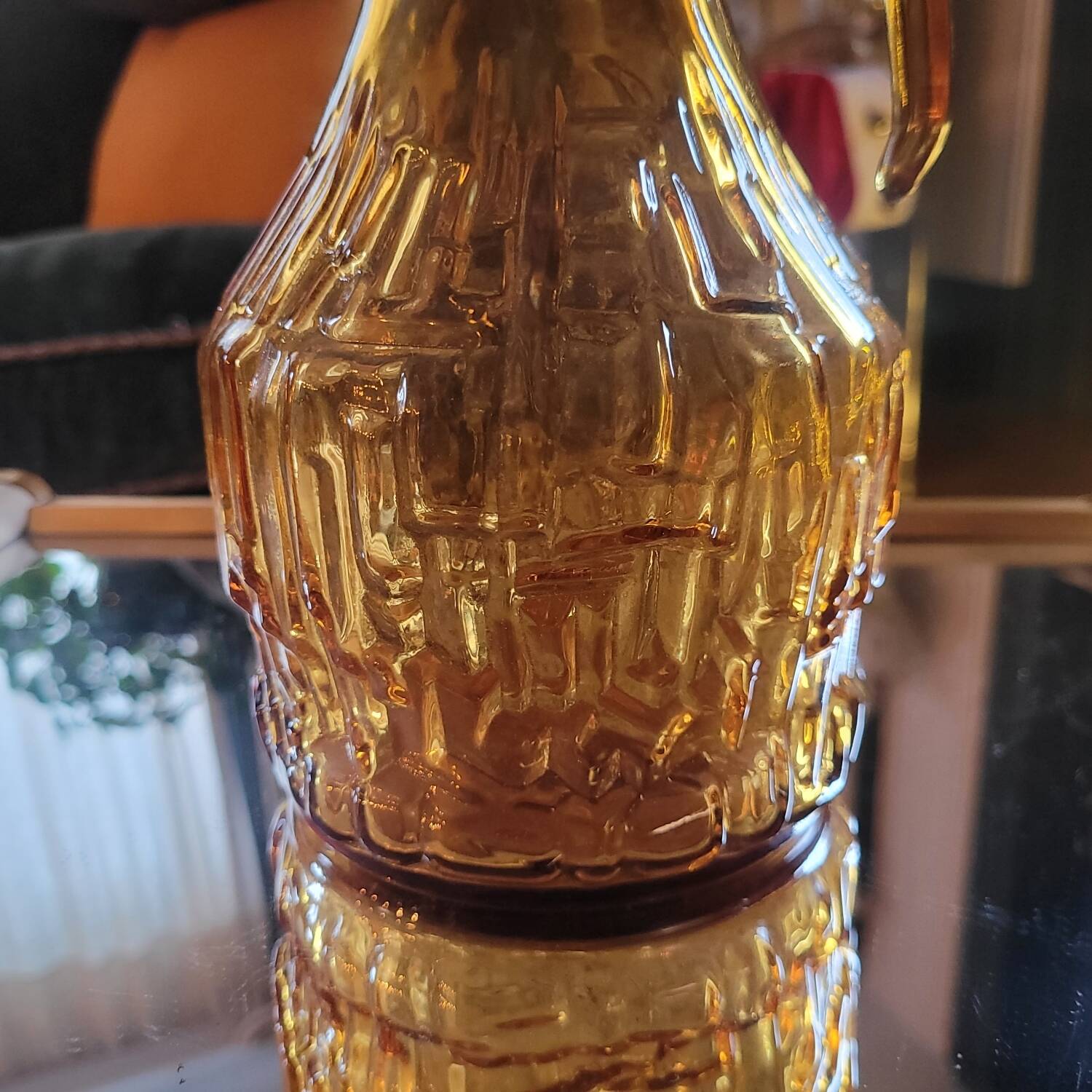 Amber relief glass pitcher. 1970s