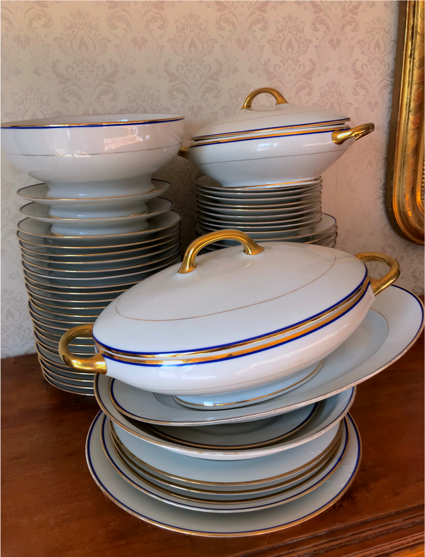 table service art deco limoges porcelain white border blue and gold 61 pieces signed