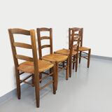 Set of 4 vintage brutalist chairs in wood and straw from the 60s