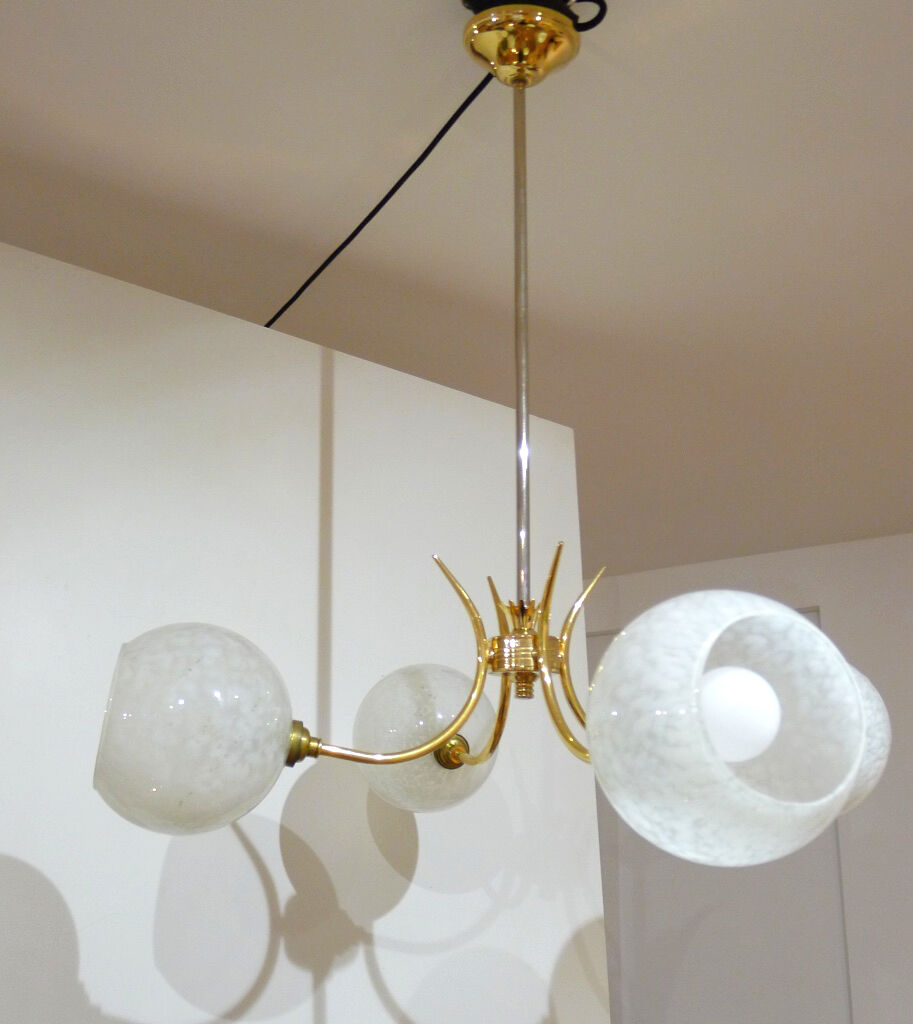 Chandelier 4 branches golden opalins globes speckled