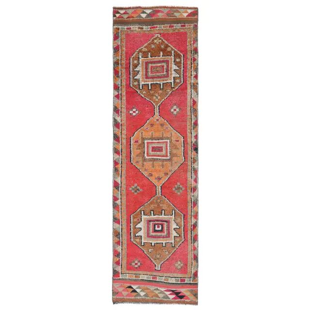 1970s Vintage Turkish Hand-Knotted Wool Cotton Pink Runner Rug