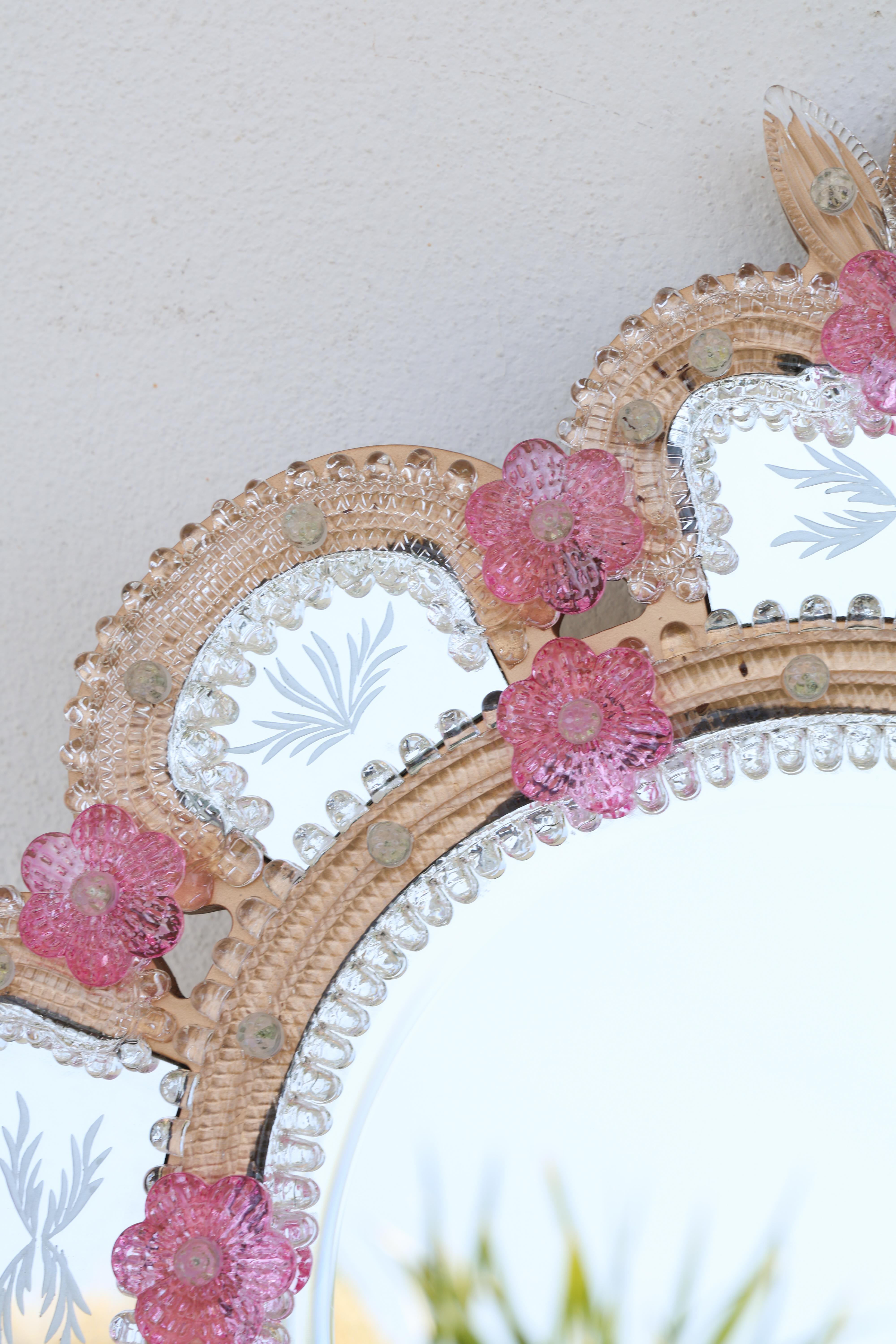 Exceptional Vintage Pink Murano Glass Wall Mirror