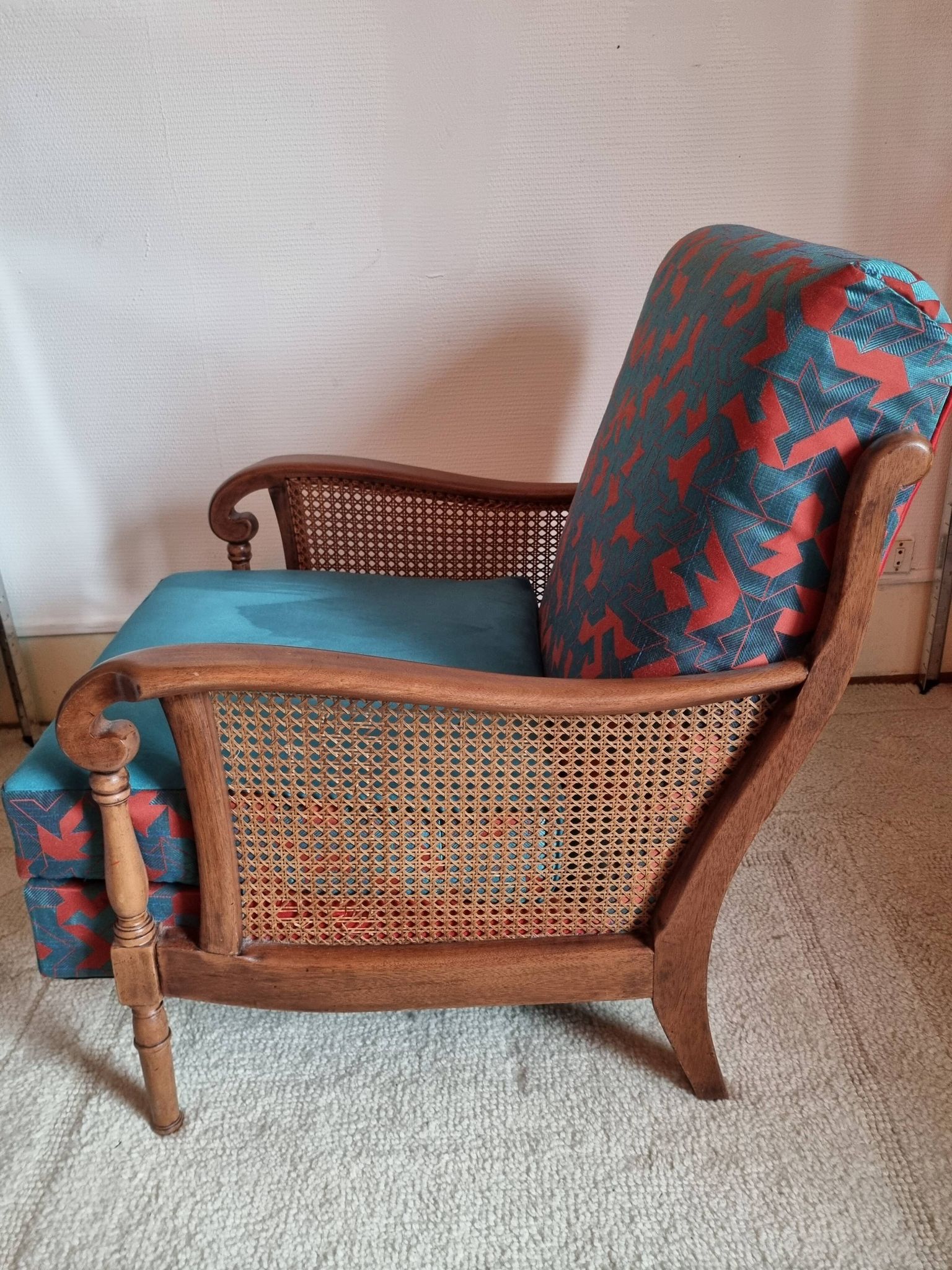 Bridge armchair in wood and cane from the 1950s.