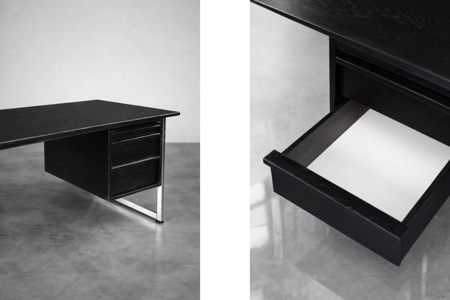 Vintage Mid-Century Danish Modern Minimalist Black Oak Desk with Chrome Base