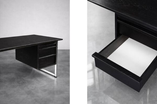 Vintage MidCentury Danish Modern Minimalist Black Oak Desk with Chrome Base