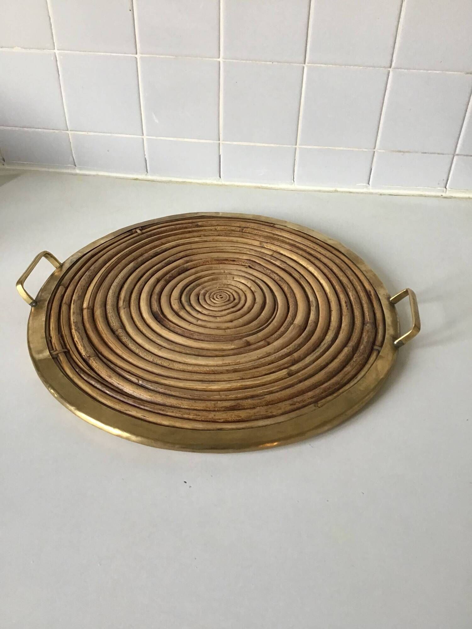 Round vintage bamboo and brass tray in the spirit of Gabrielle Crespia.