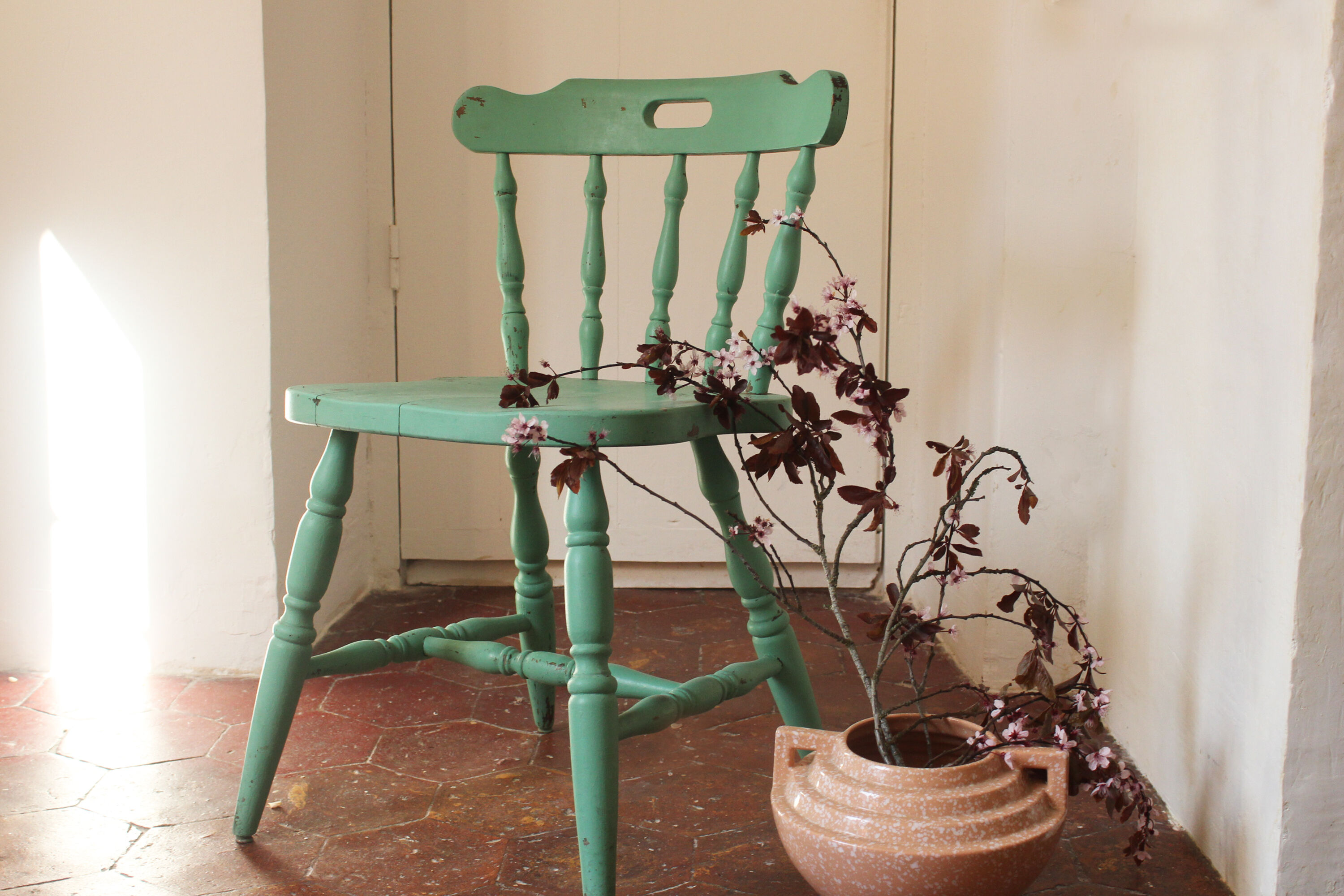 Rustic green ranch style wooden chair