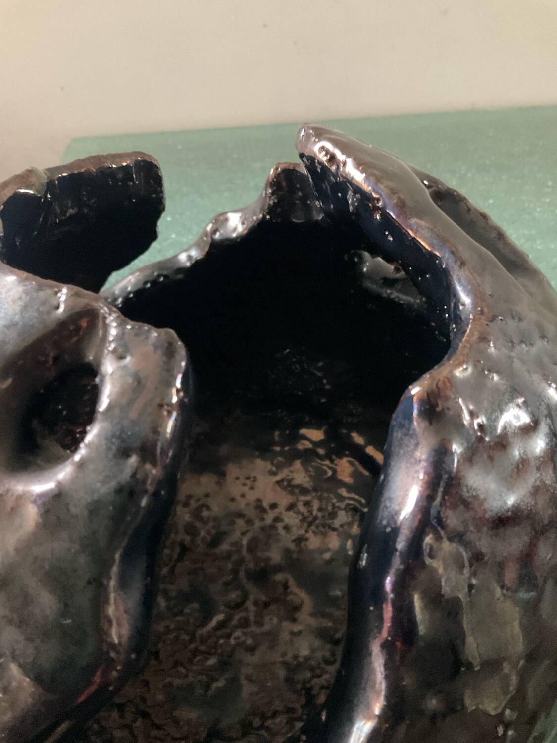 Large brutalist spherical vase in iridescent glazed terracotta