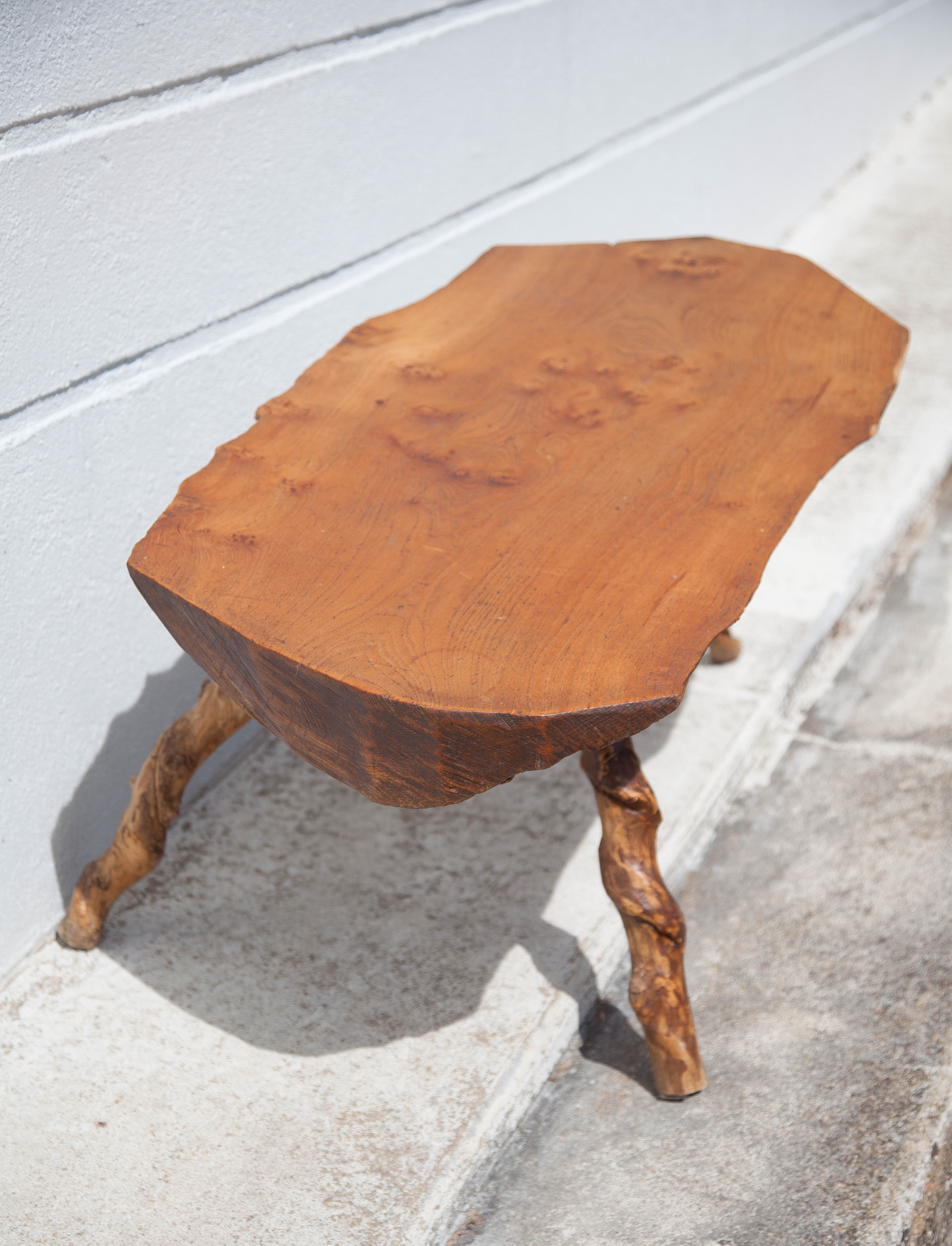 Tripod wood table, root table, natural wood table, vintage coffee table, brutalist