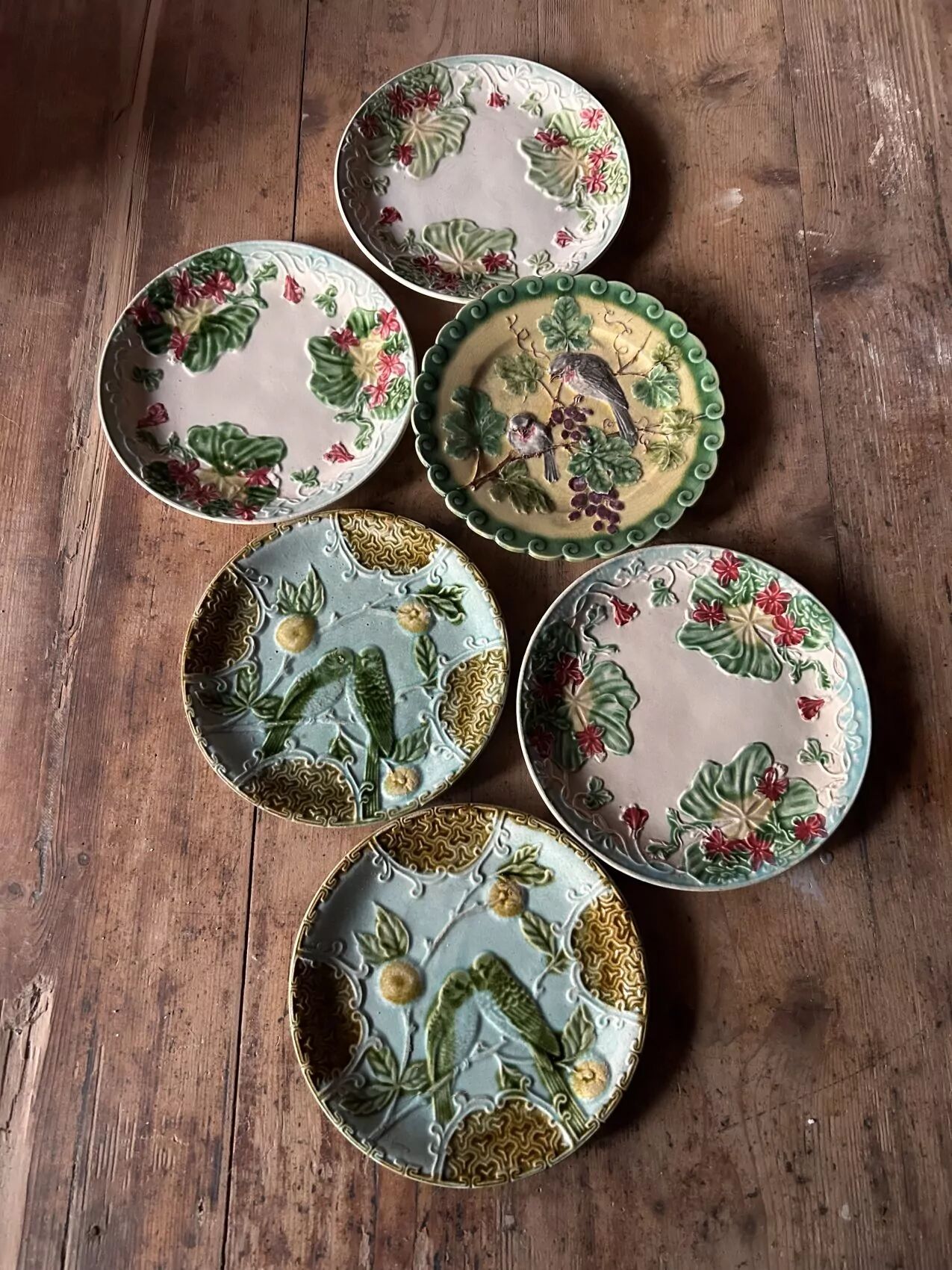 Antique faience barbotine plates – Mismatched set – circa 1900