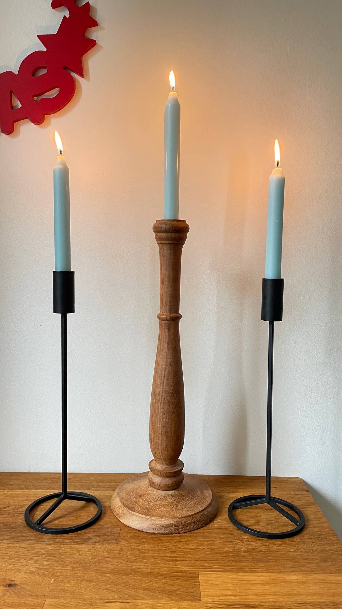 Trio of Vintage Teak and Steel Candlesticks