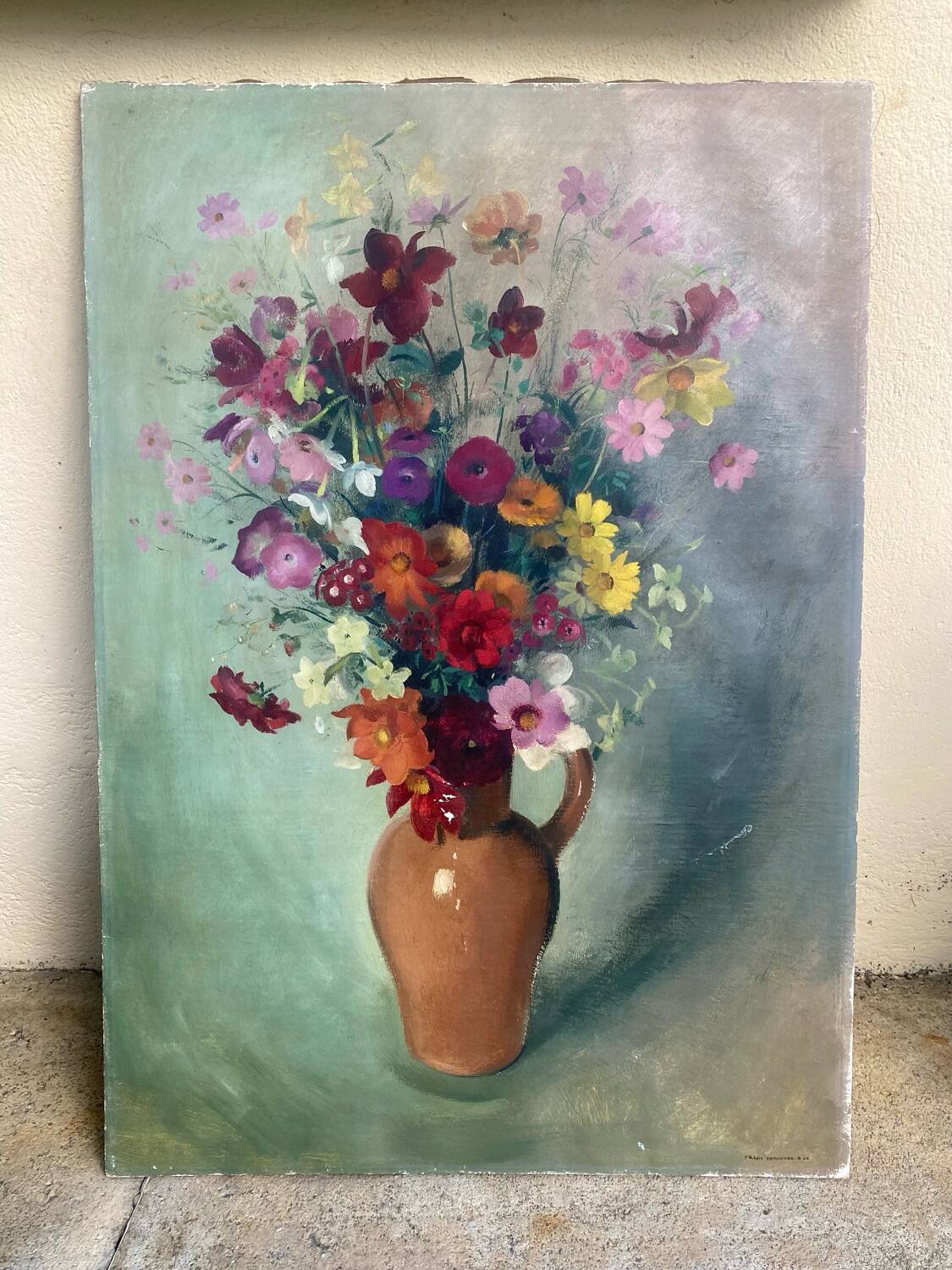 Grande huile sur toile signée Frans Depooter 1943 Bouquet de fleurs