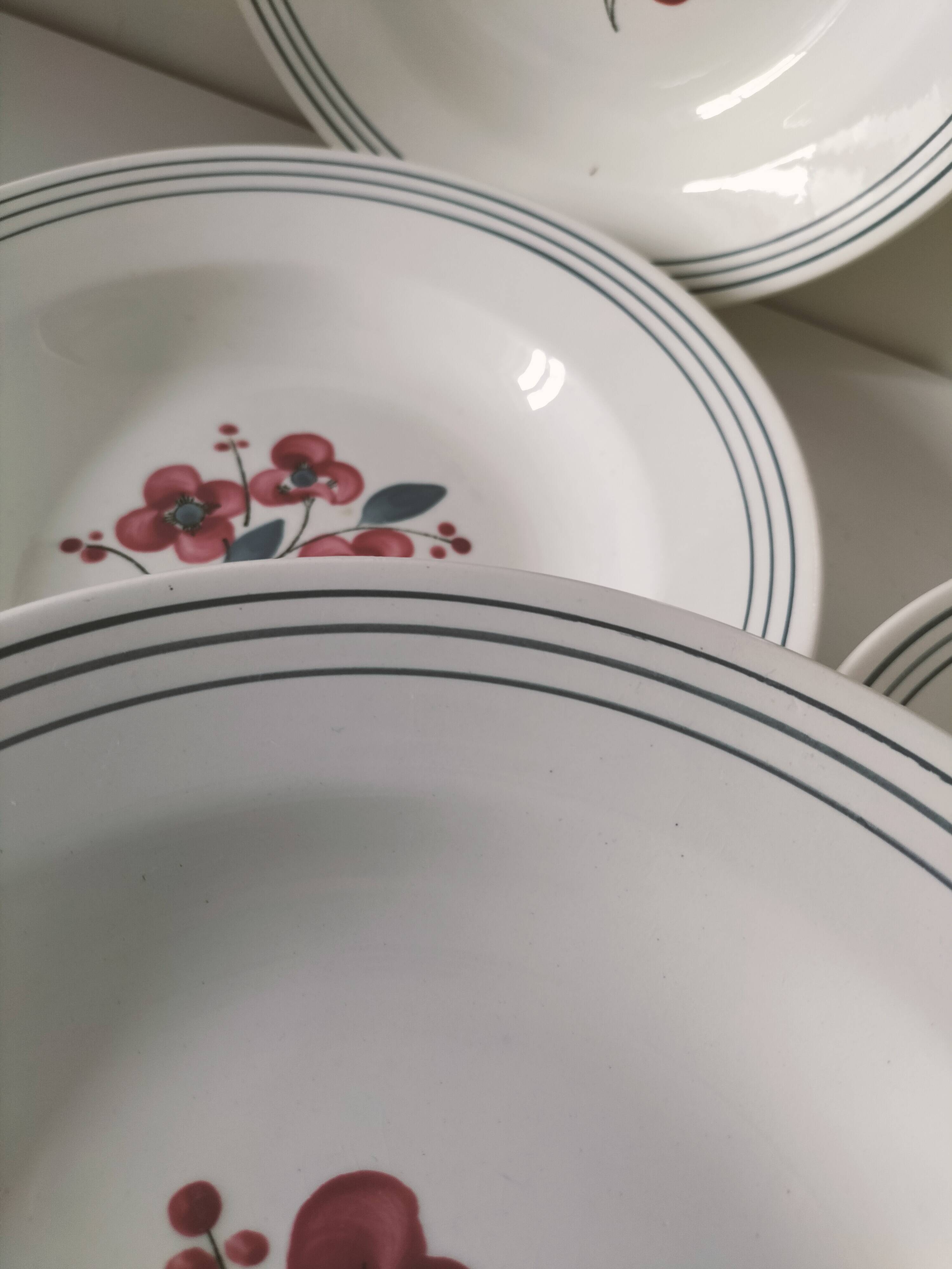 7 Salins Odile soup plates – raspberry flowers & blue border