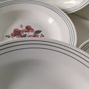 7 Salins Odile soup plates – raspberry flowers & blue border