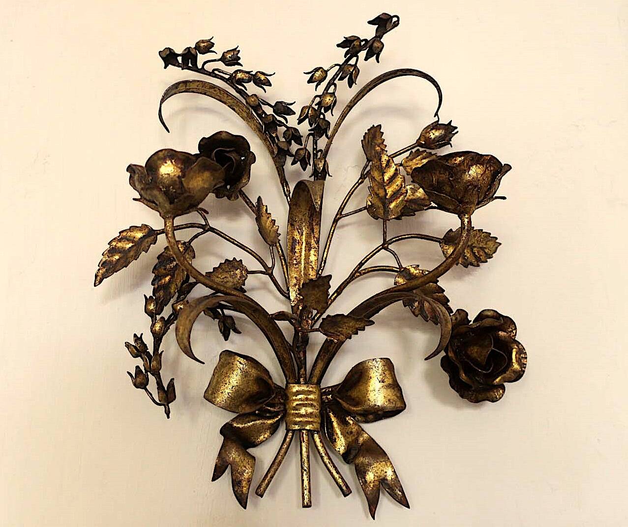 Pair of gold plated wall double candleholders with roses by Hans Kögl, 1960