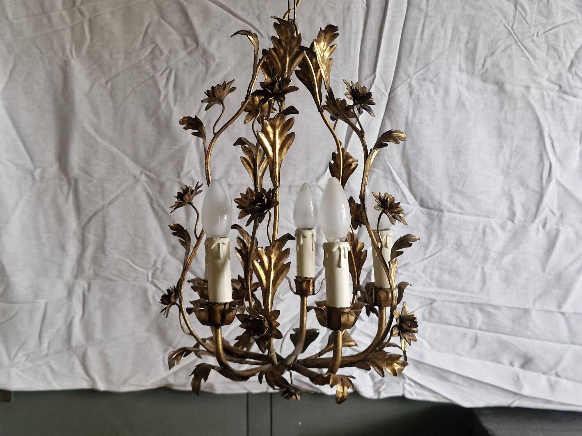 Rare suspension / antique chandelier with 5 lights - Flowers & Foliage in gilded metal