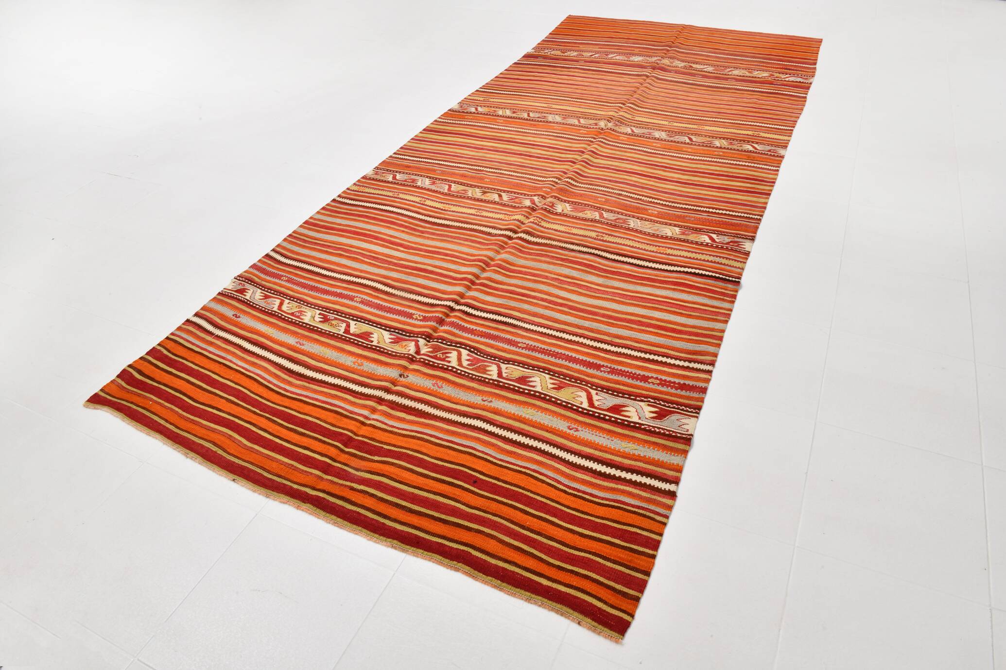 Pumpkin Orange Striped Turkish Woven Kilim Rug, 158x390 Cm