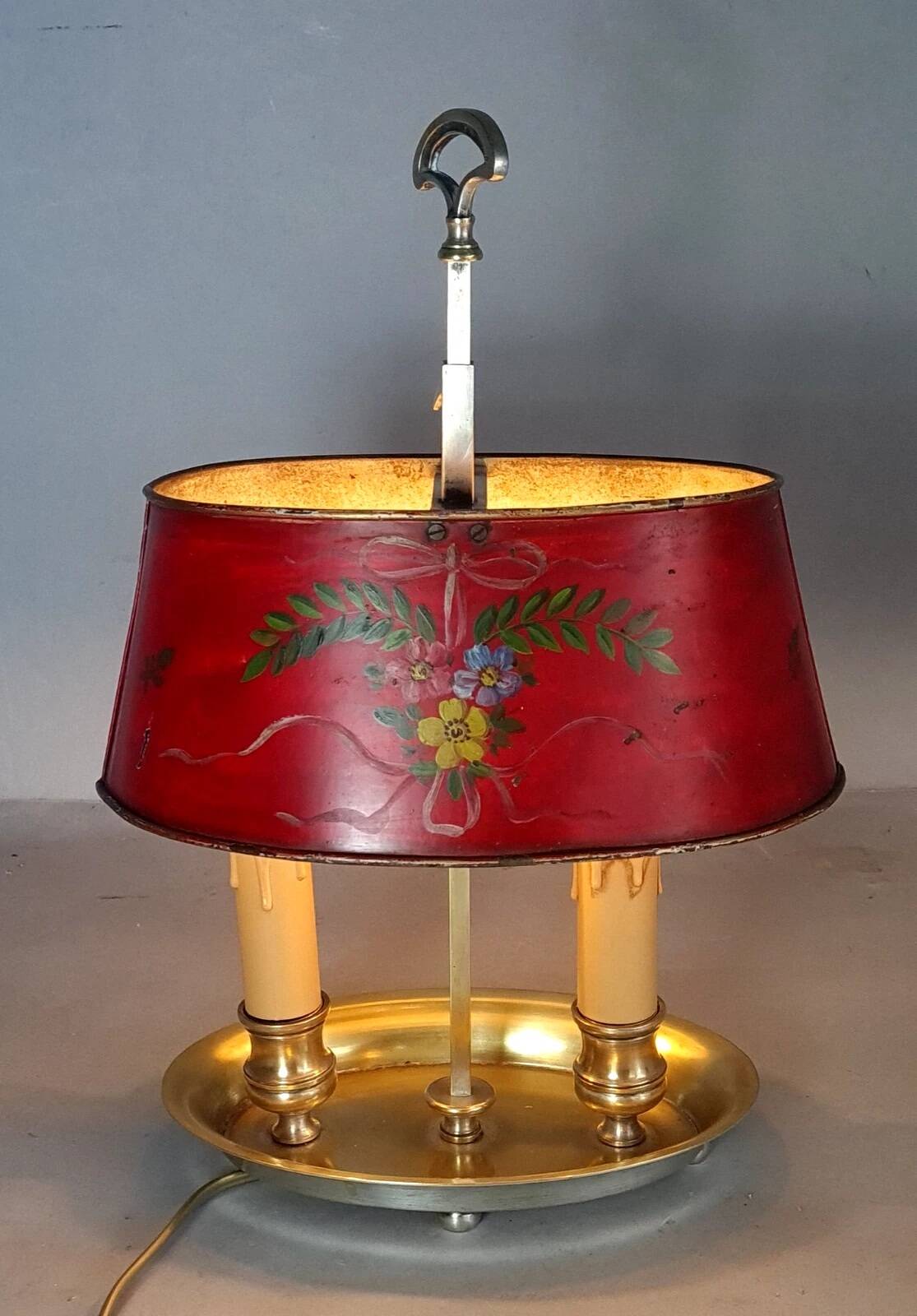 Ancienne lampe bouillotte bronze & tôle peinte, électrifiée D083