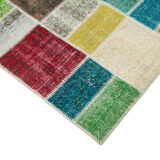 Handwoven oriental overdyed 177 cm x 229 cm multicolor patchwork carpet