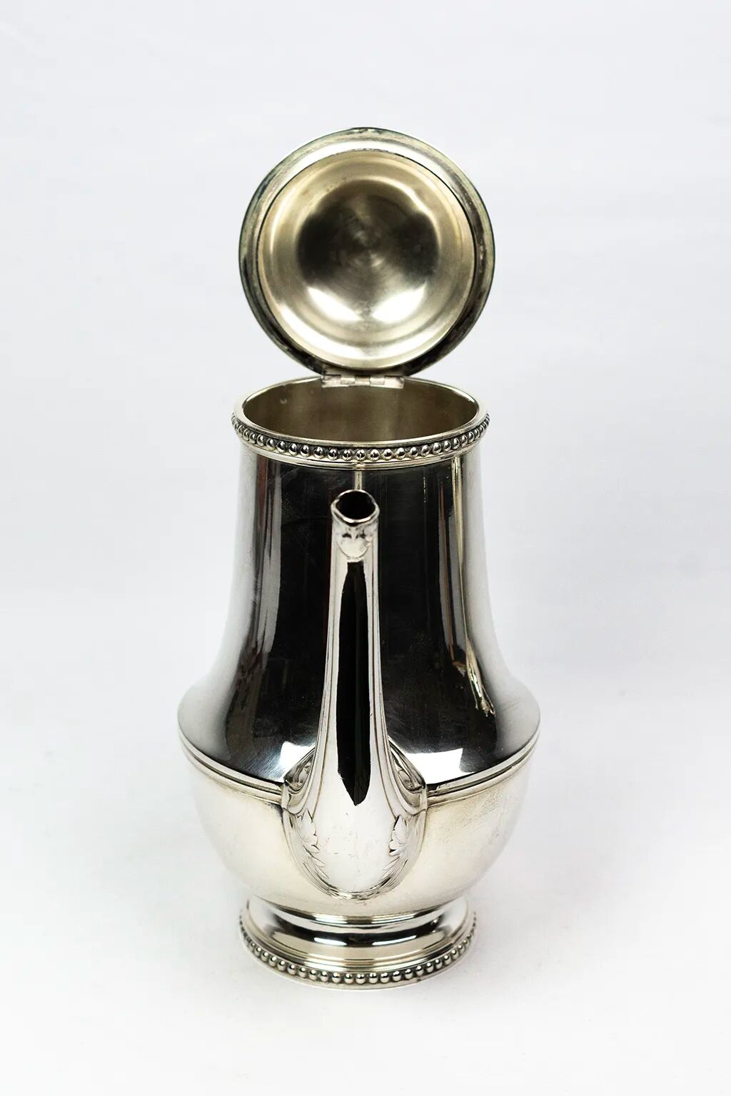 Silver-plated metal coffee pot Ercuis — decorated with bead friezes, ebony handle.