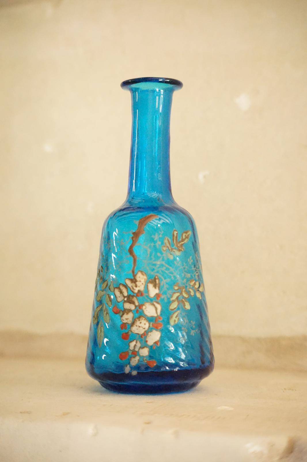 Legras glass carafe in blue enamel with a wisteria design.