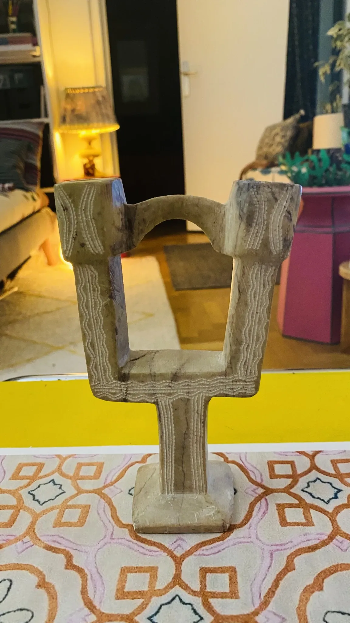 Vintage trio of candle holders in carved stone. Moroccan Folk Art 1970.