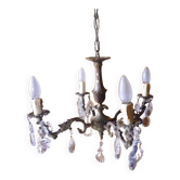 Rococo chandelier with crystal pendants, 4 lights, brass and metal 1950/1960